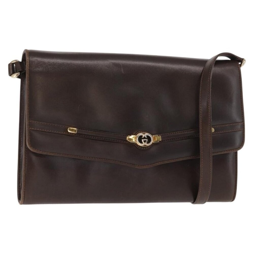 Authentic GUCCI Shoulder Bag Leather Dark Brown Gold 406 004 2008